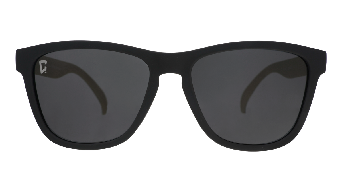 Front view of Major League Soccer Columbus Crew shades. Black front frame. Black non-reflective lenses.
