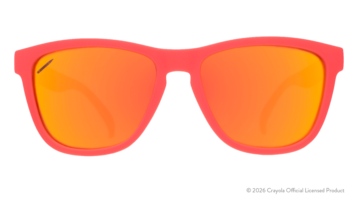 Front view of coral shades. Coral front frame w/ burnt orange reflective lenses+crayon etching in top corner of lens.