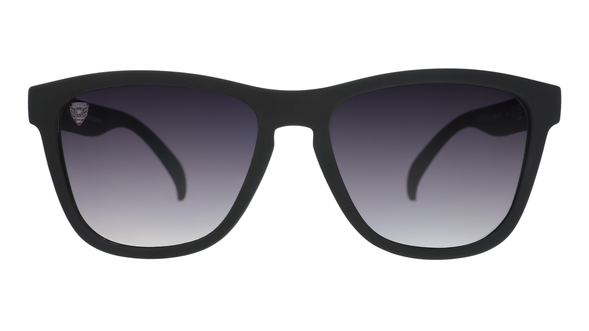 Front view of DC United Major League Soccer sunglasses with black front frames and black lenses.