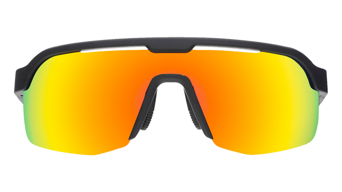 Sunglasses with black frame and orange-tinted lenses on a white background