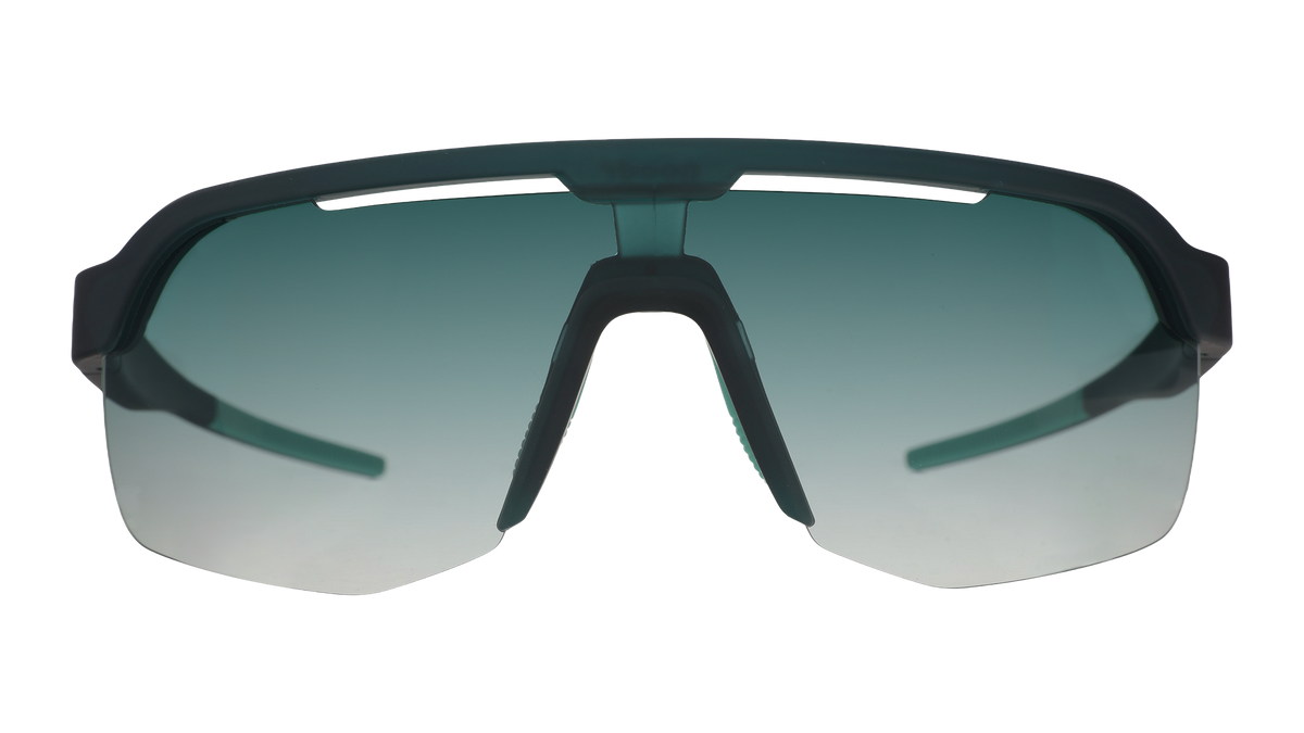 Front view of dark teal Bolt Gs with green gradient lenses.