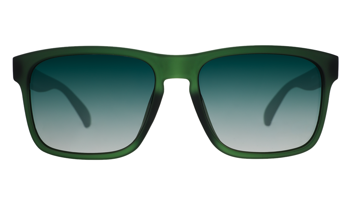 Front view of translucent dark green Grand Gs with green gradient lenses.