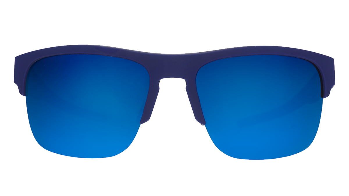 Front view of sunglasses. Navy blue front half-rim frame with blue gradient lenses on a white background.