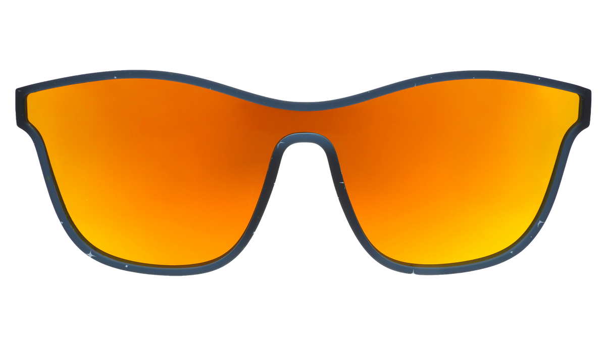 Front view of navy VRG frames featuring a design sprinkled with stars and a single amber reflective lens.