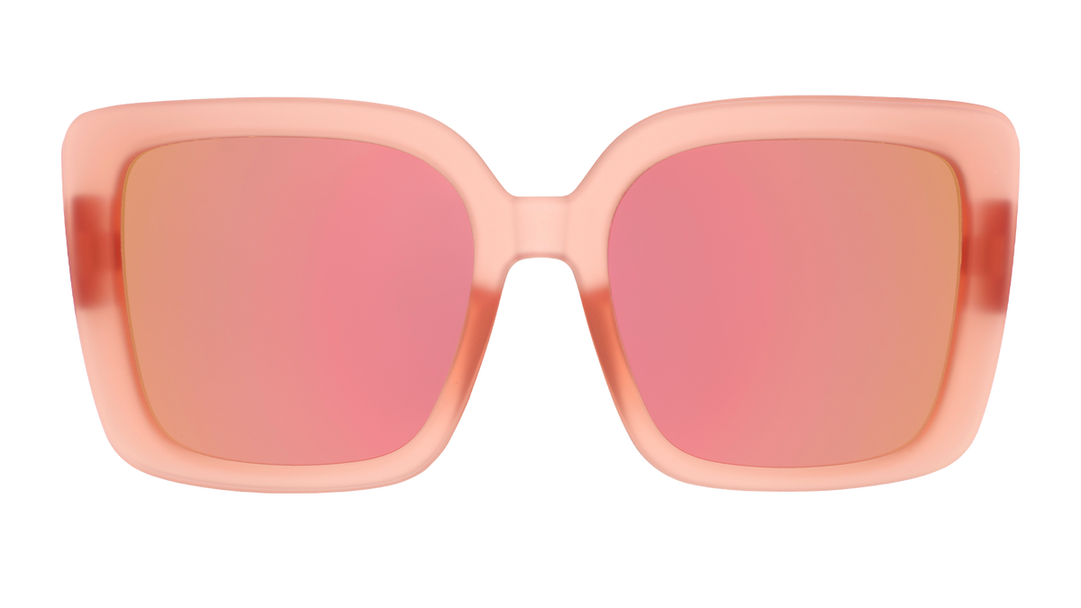 Front view of oversized square sunglasses in coral pink with champagne gold reflective lenses.