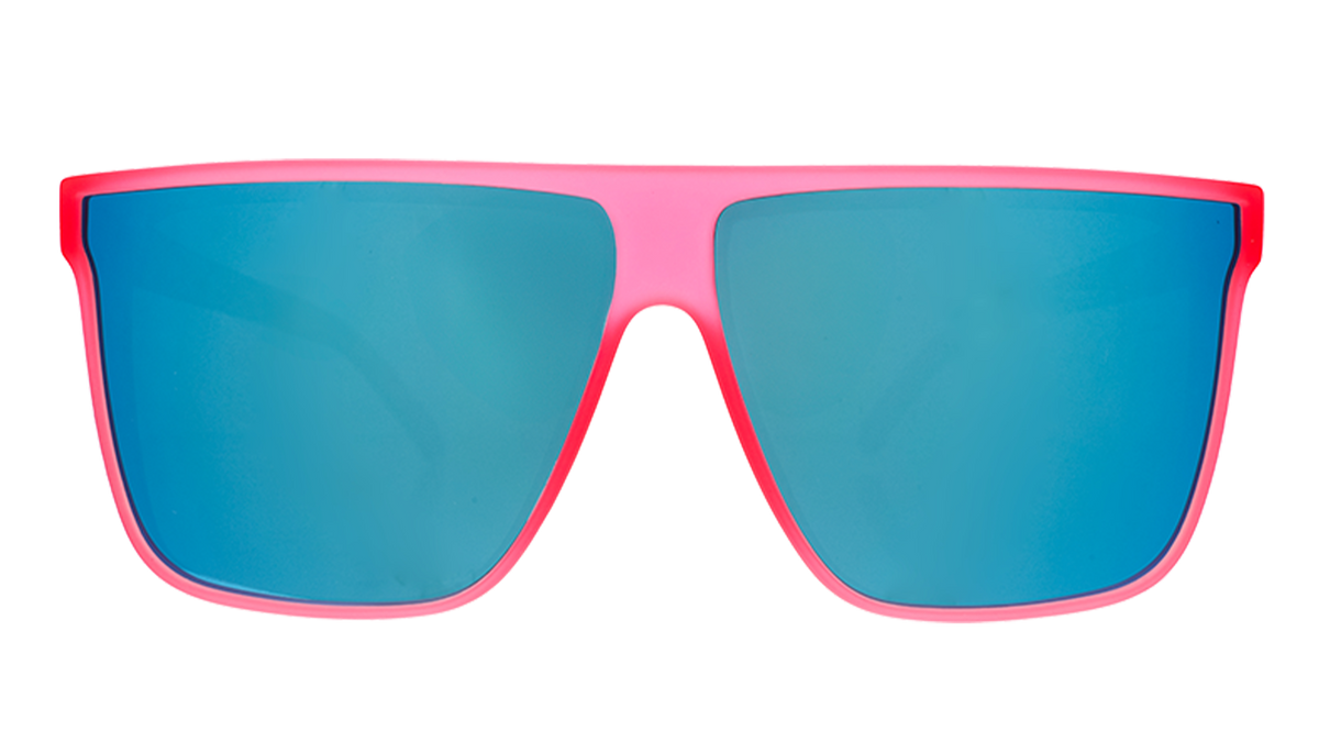 Front view of fashionable oversized pink flat-top glasses with blue reflective lenses.