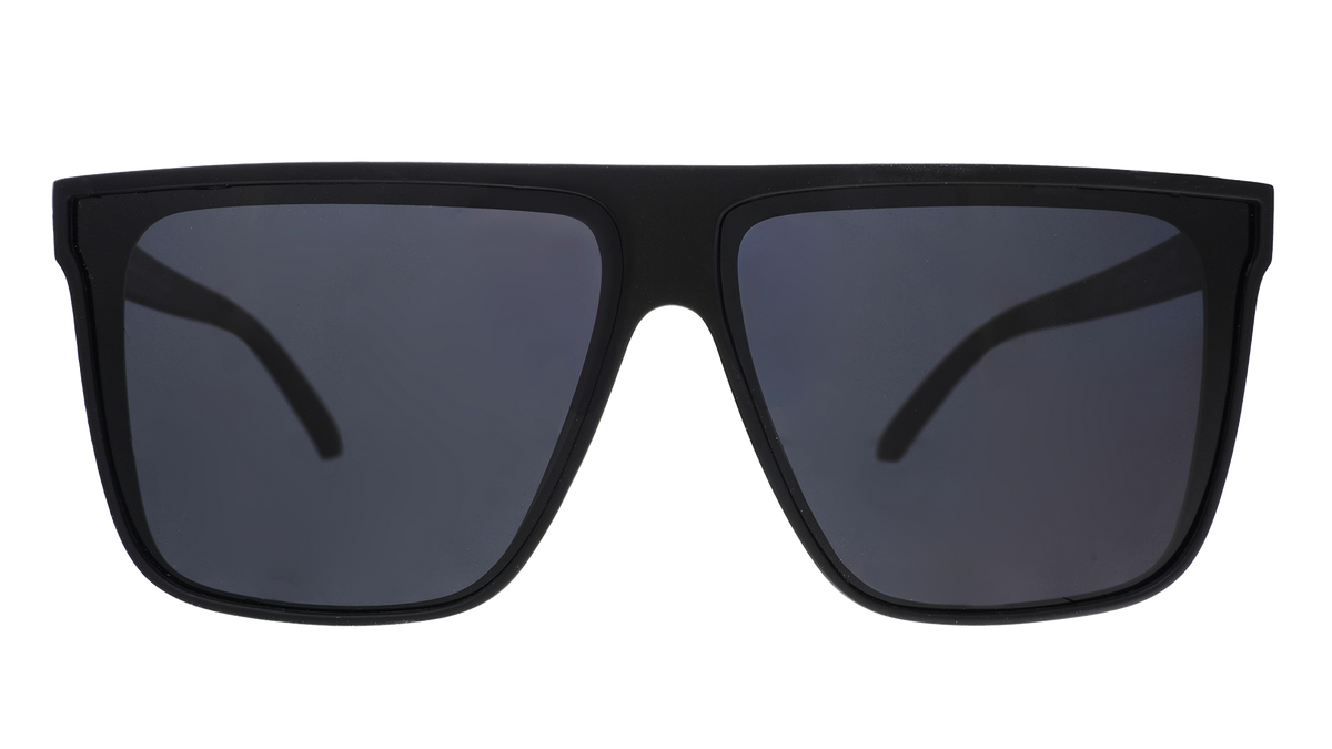 Front view of fashionable oversized black flat-top glasses with black non-reflective lenses.