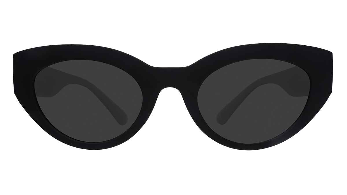 Front view of translucent black, retro-inspired angled cat-eye sunglasses with non-reflective lenses.