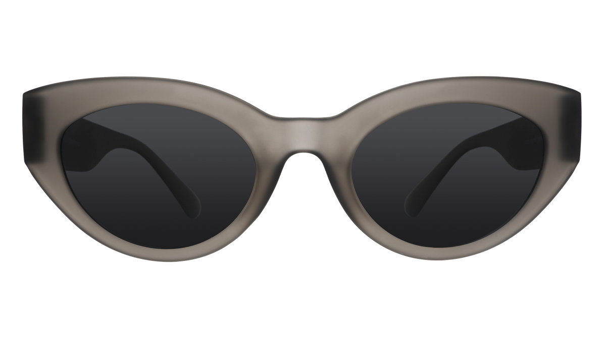 Front view of translucent dark gray, retro-inspired angled cat-eye sunglasses with black non-reflective lenses.