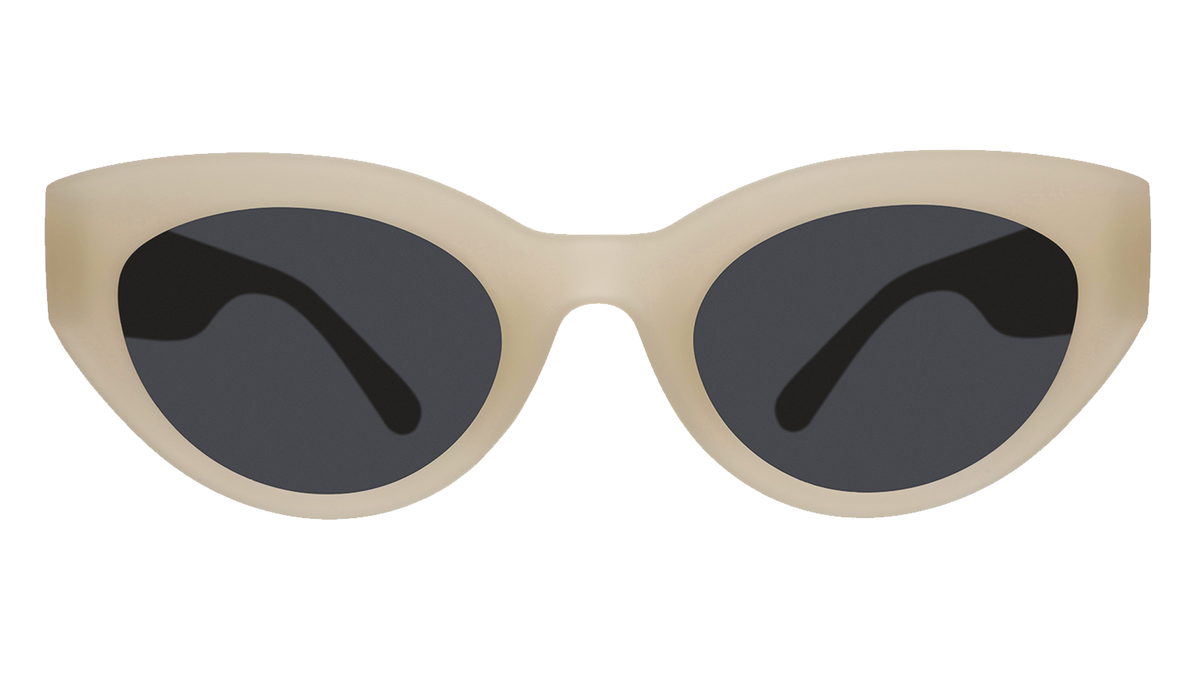 Front view of translucent soft cream, retro-inspired angled cat-eye sunglasses with black non-reflective lenses.