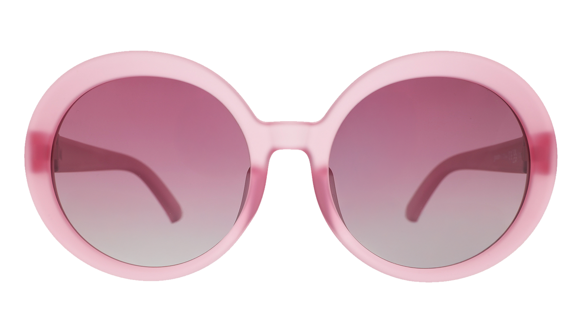 Front view of translucent pink Mood G sunglasses with purple gradient lenses.