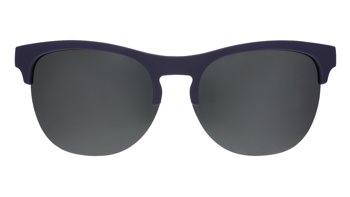 Front view of fashionable matte blue half-rim sunglasses with polarized reflective chrome lenses.