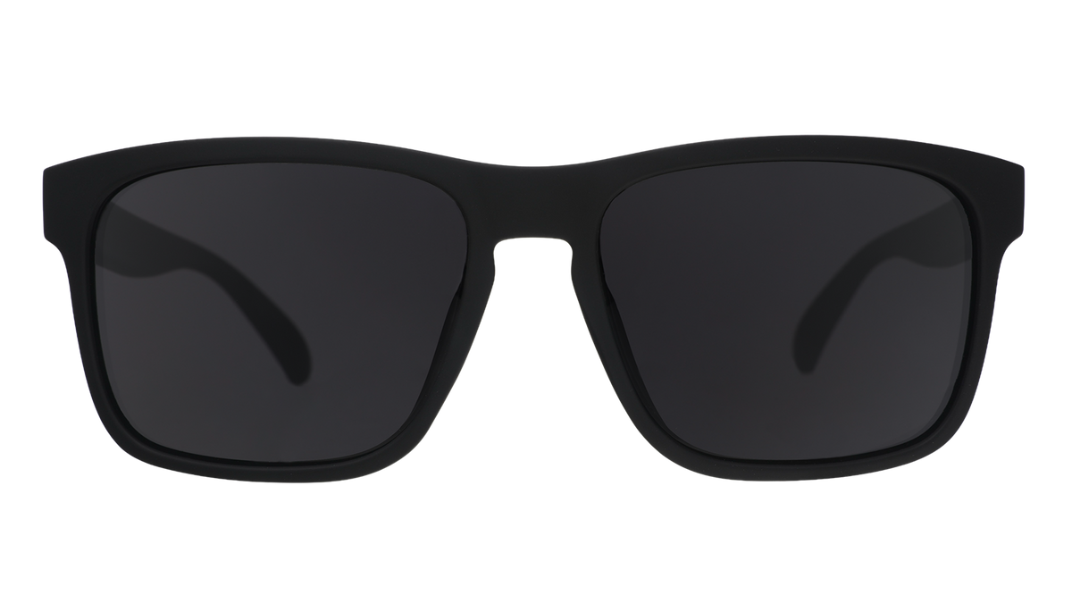Front view of translucent, black Grand Gs with black non-reflective lenses.