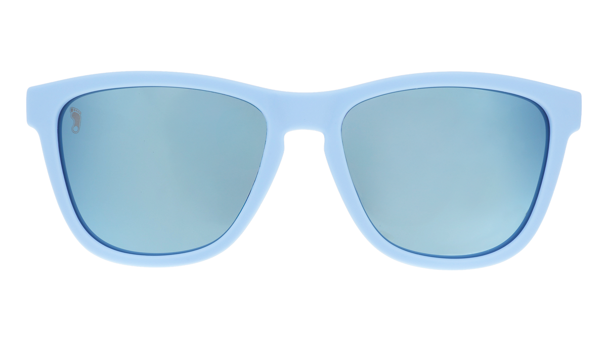 Front view of Carolina blue and white sunglasses featuring ice blue reflective lenses and the UNC Tar Heel etched on the right lens.