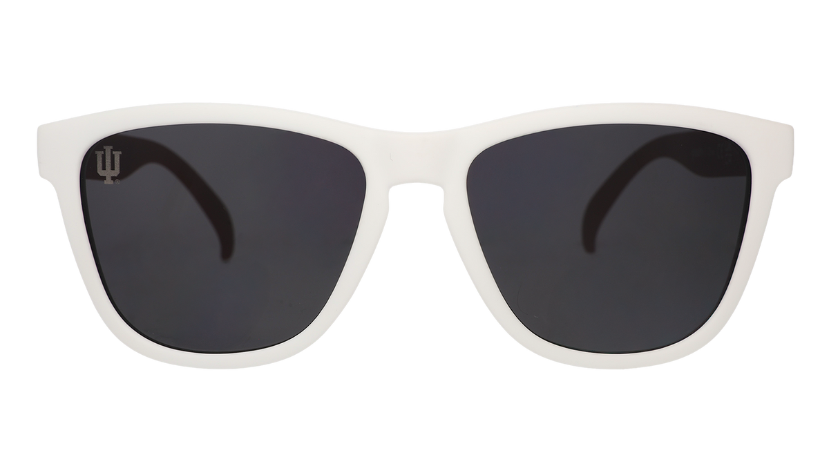 Front view of Indiana University® shades with a white frame and black lenses.