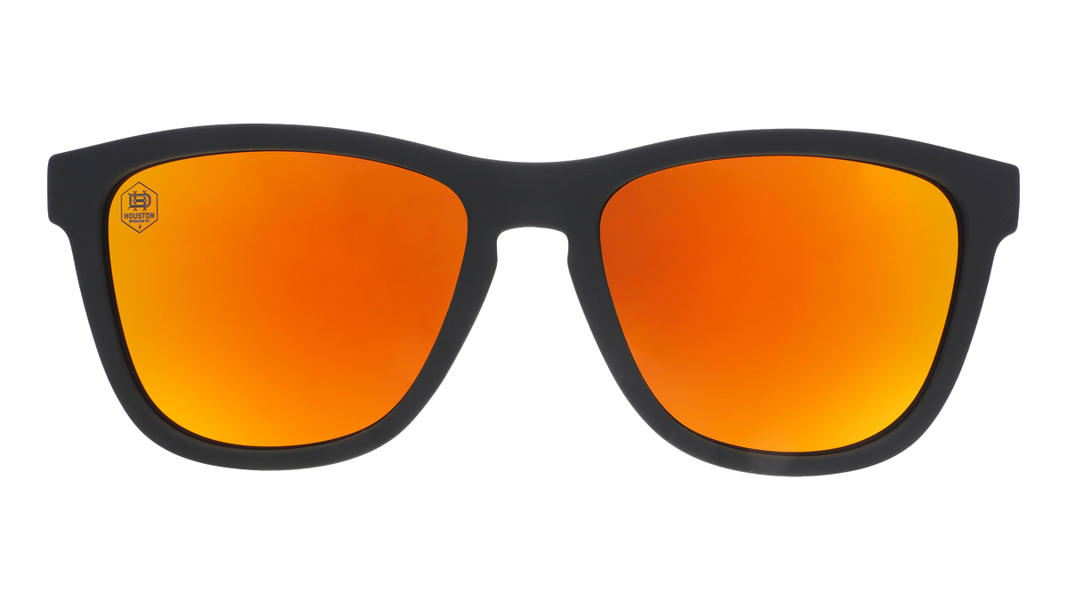 Front view of Major League Soccer Houston Dynamo FC shades. Black front frame. Amber reflective lenses.