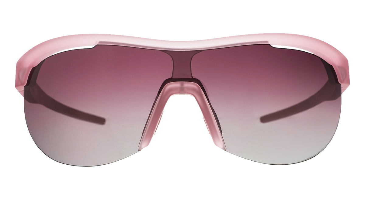 Front view of translucent purple wrap shield sunglasses with gradient purple lenses against a white background.