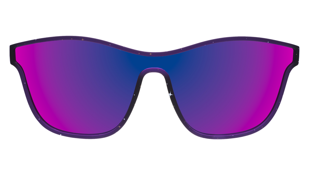 Front view of purple VRG frames featuring a design sprinkled with stars and a single pinkish-purple reflective lens.