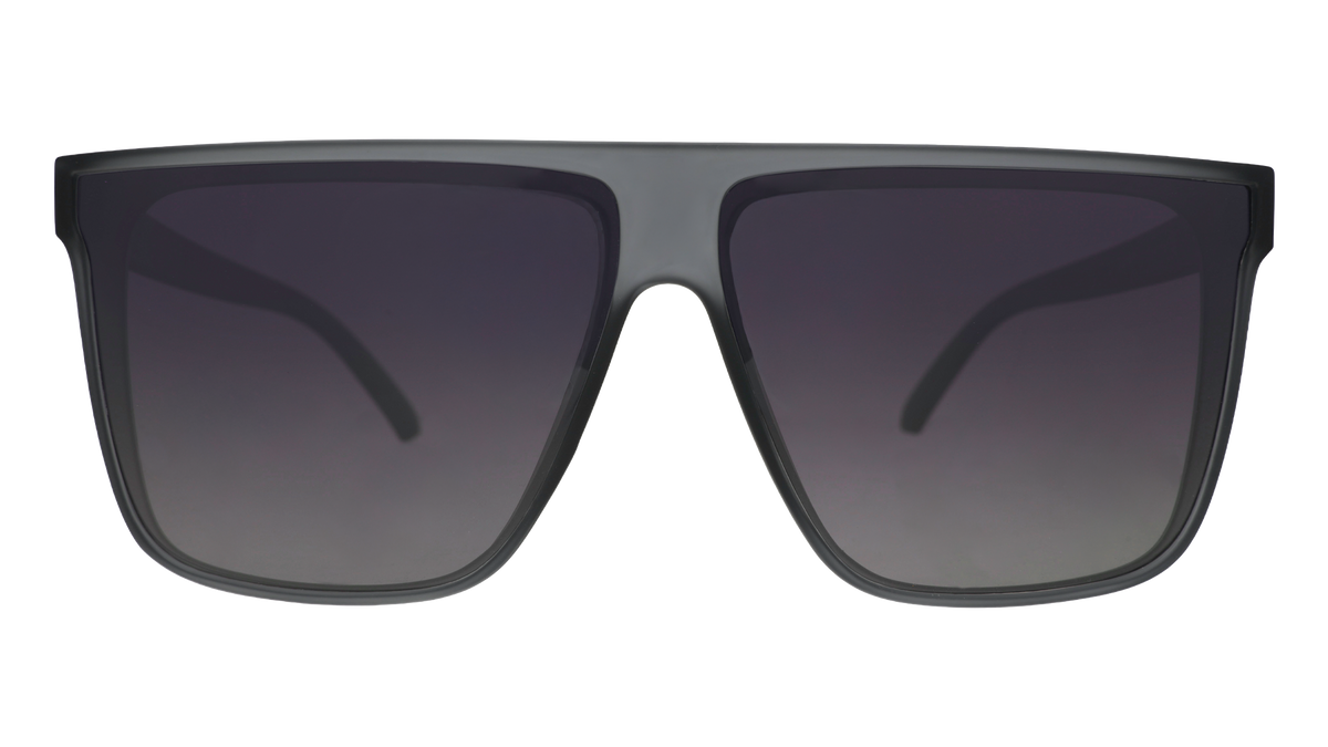 Front view of translucent gray, flat-top Fly G sunglasses with gray gradient lenses.