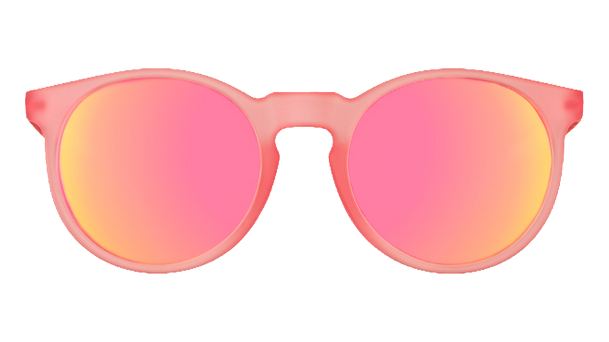 Front view of round pink sunglasses with polarized pink reflective lenses.
