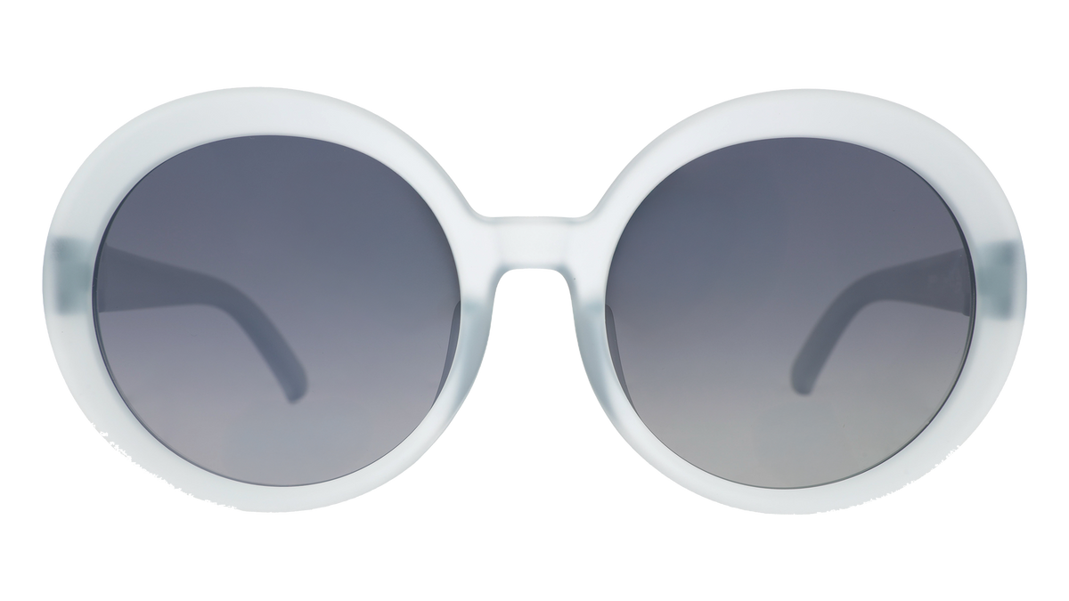 Front view of oversized round sunglasses with translucent blue frames and silver reflective gradient lenses against a white background.