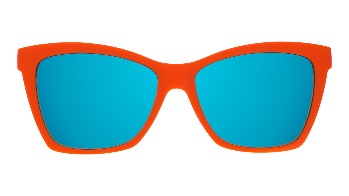 Front view of red angular sunglasses with blue reflective lenses.