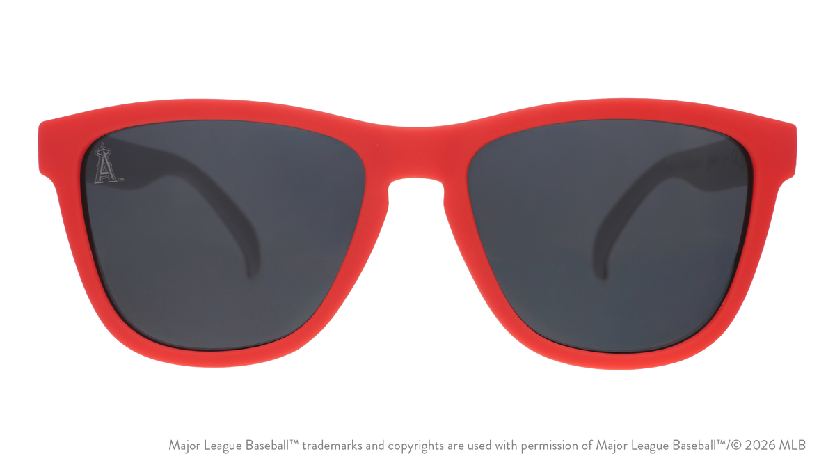 Front view of Angels sunglasses with a red faceplate and black non-reflective lens featuring a "halo A" lens etch.