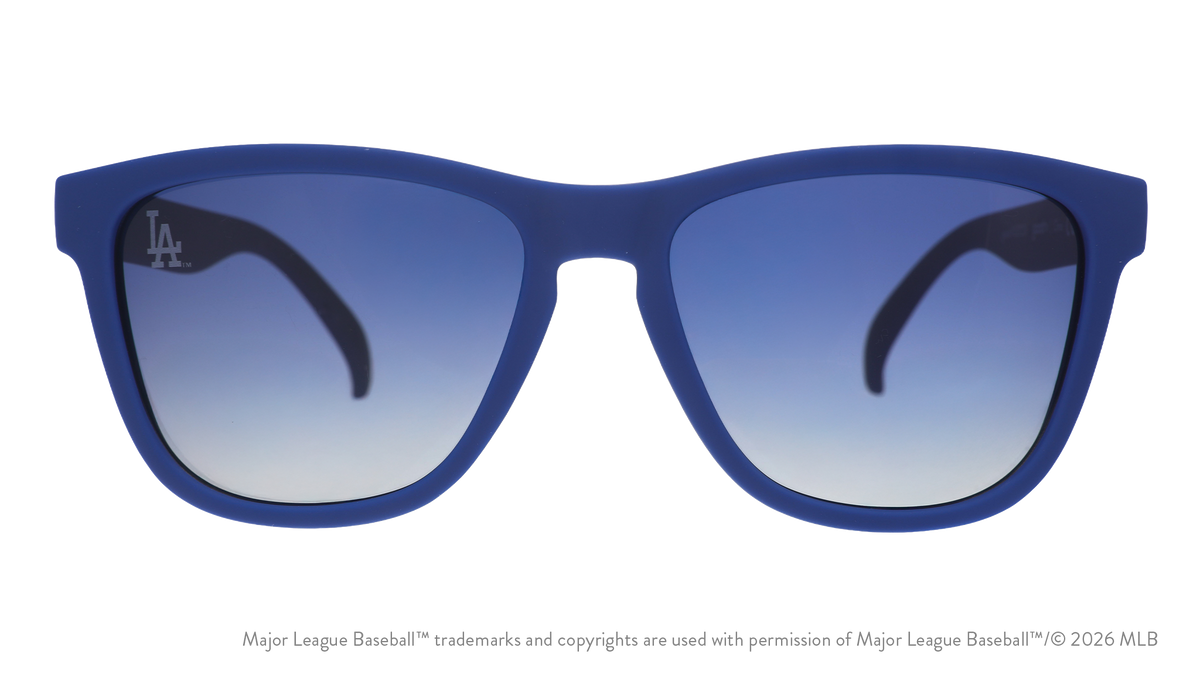 Front view of Dodgers shades with blue faceplate. Blue gradient lenses have the LA logo etched on the left lens.