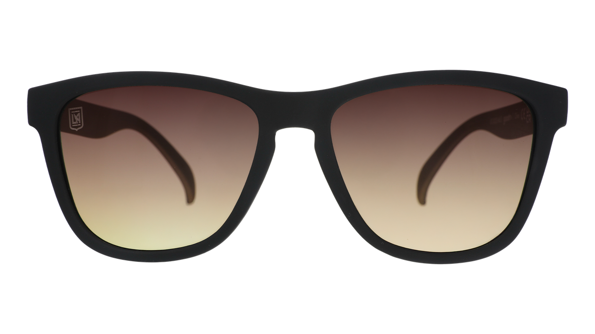 Front view of LAFC Major League Soccer sunglasses with black front frame and gray-yellow lenses.