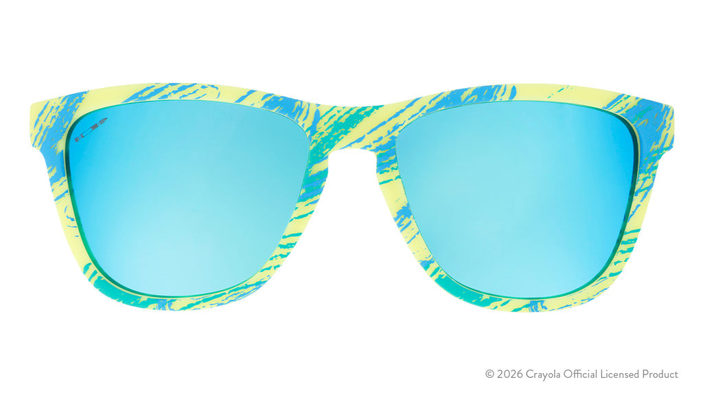 Front view of Crayola goodr UV-activated Confetti Colors sunglasses with light blue reflective lenses.