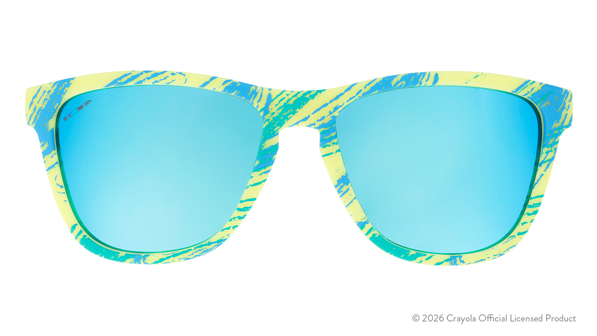 Front view of Crayola goodr UV-activated Confetti Colors sunglasses with light blue reflective lenses.