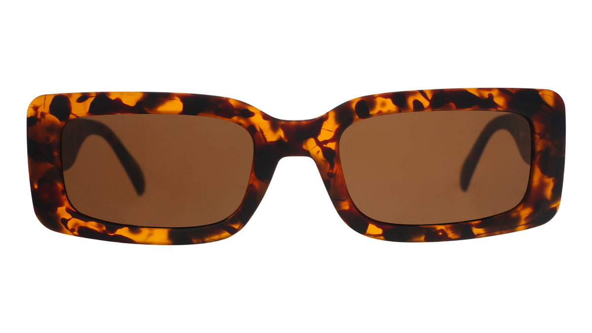 Front view of tortoiseshell rectangular sunglasses with brown polarized lenses against a white background.
