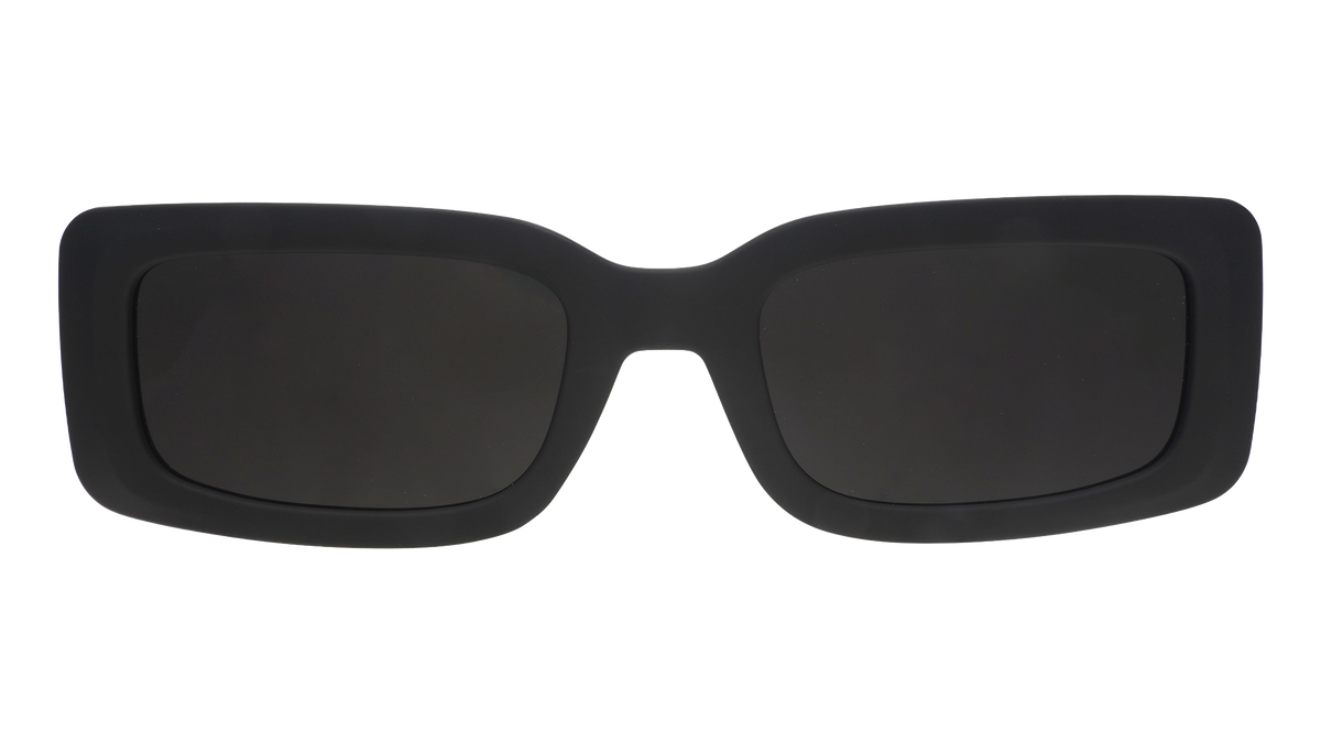 Front view of black rectangular sunglasses with black polarized lenses against a white background.