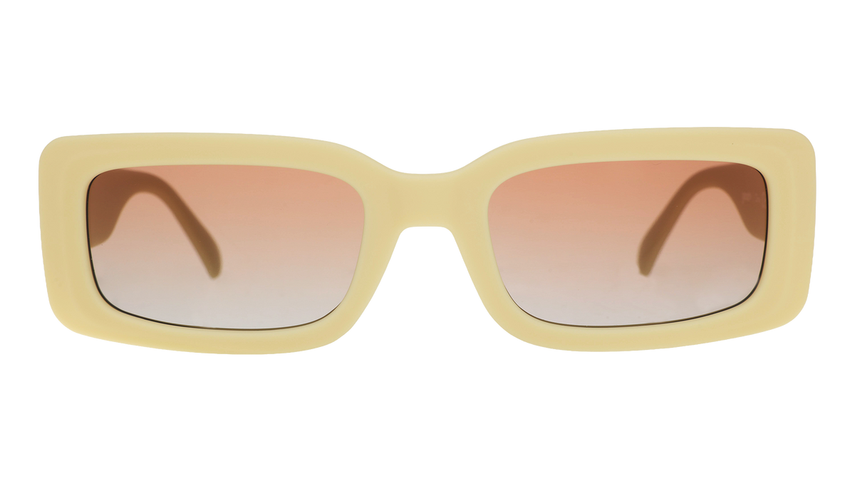 Front view of yellow rectangular sunglasses with brown-tinted polarized lenses against a white background.