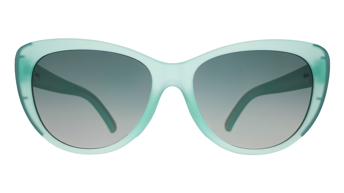 Front view of translucent pale green Glam G cat-eye sunglasses with  green gradient lenses.