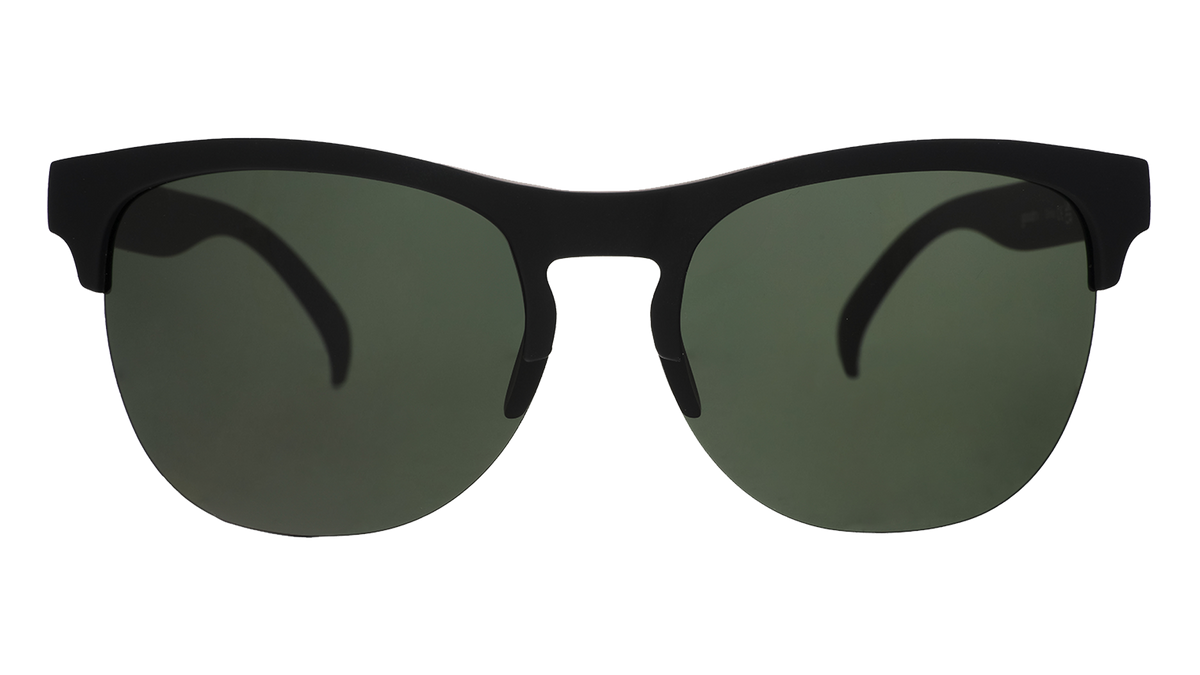 Front view of stylish matte black half-rim sunglasses with dark green non-reflective lenses.
