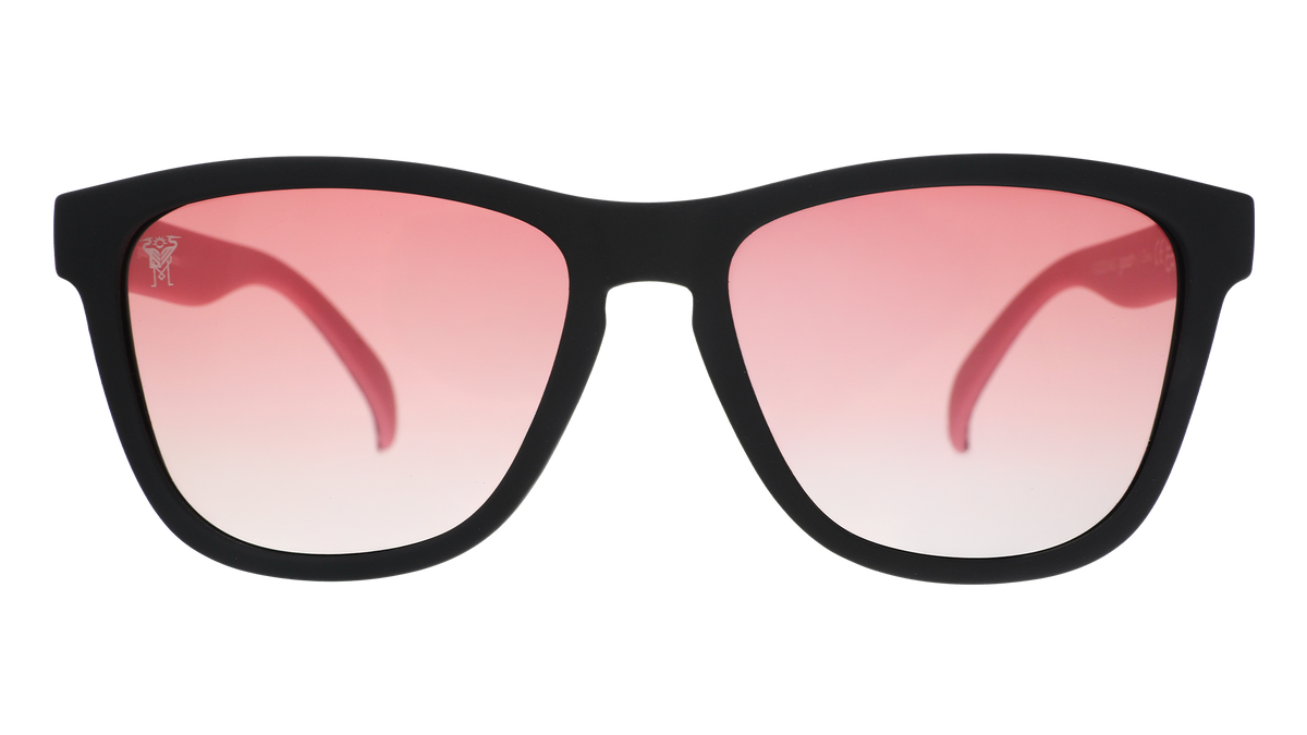 Front view of Inter Miami CF Major League Soccer sunglasses with black and pink frames and rose lenses.