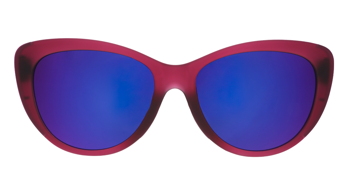 Front view of translucent purple cat-eye sunglasses with purple reflective lenses.