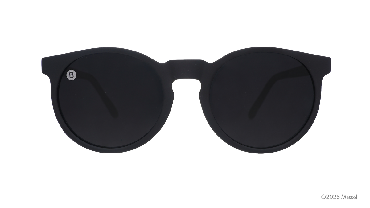 Front view of black Circle G sunglasses with black non-reflective lenses featuring a Magic 8 Ball lens etch.