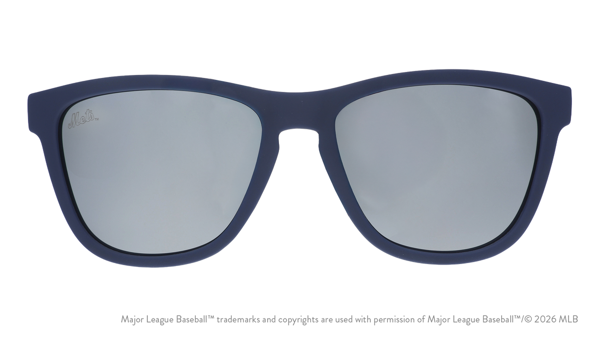 Front view of Mets shades with blue faceplate. Chrome reflective lenses have the team's script logo etched on the left lens.