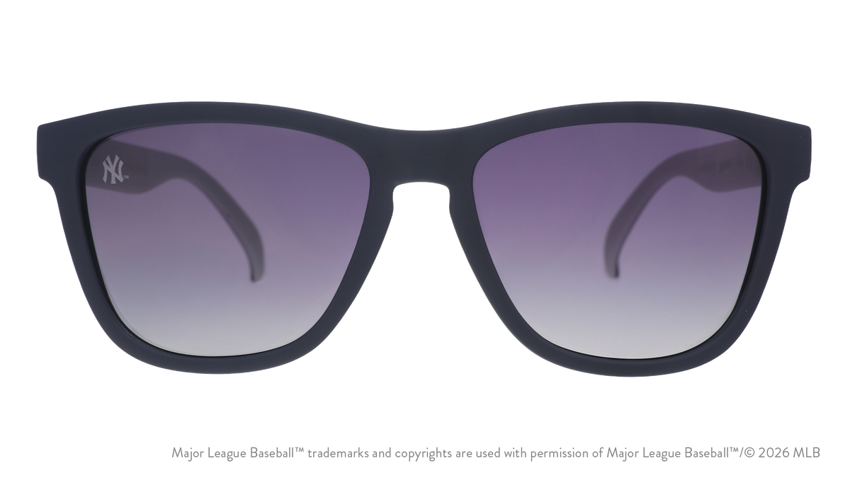 Front view of Mets shades with blue faceplate. Chrome reflective lenses have the team's script logo etched on the left lens.