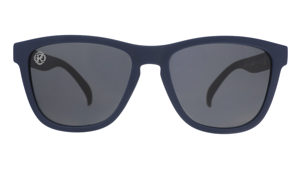 Front view of Major League Soccer New England Revolution shades. Black front frame. Black non-reflective lenses.