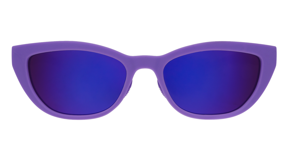 Front angle view of a pair of deep purple cat-eye Cheetah G sunglasses with purple reflective lenses.