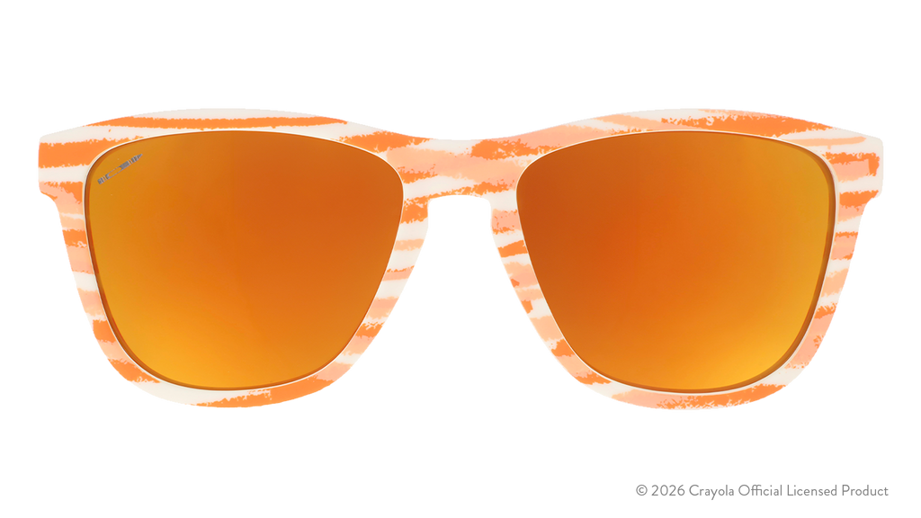 Front view of Crayola goodr UV-activated Party Fish sunglasses with bone-to-magenta frames and amber reflective lenses.