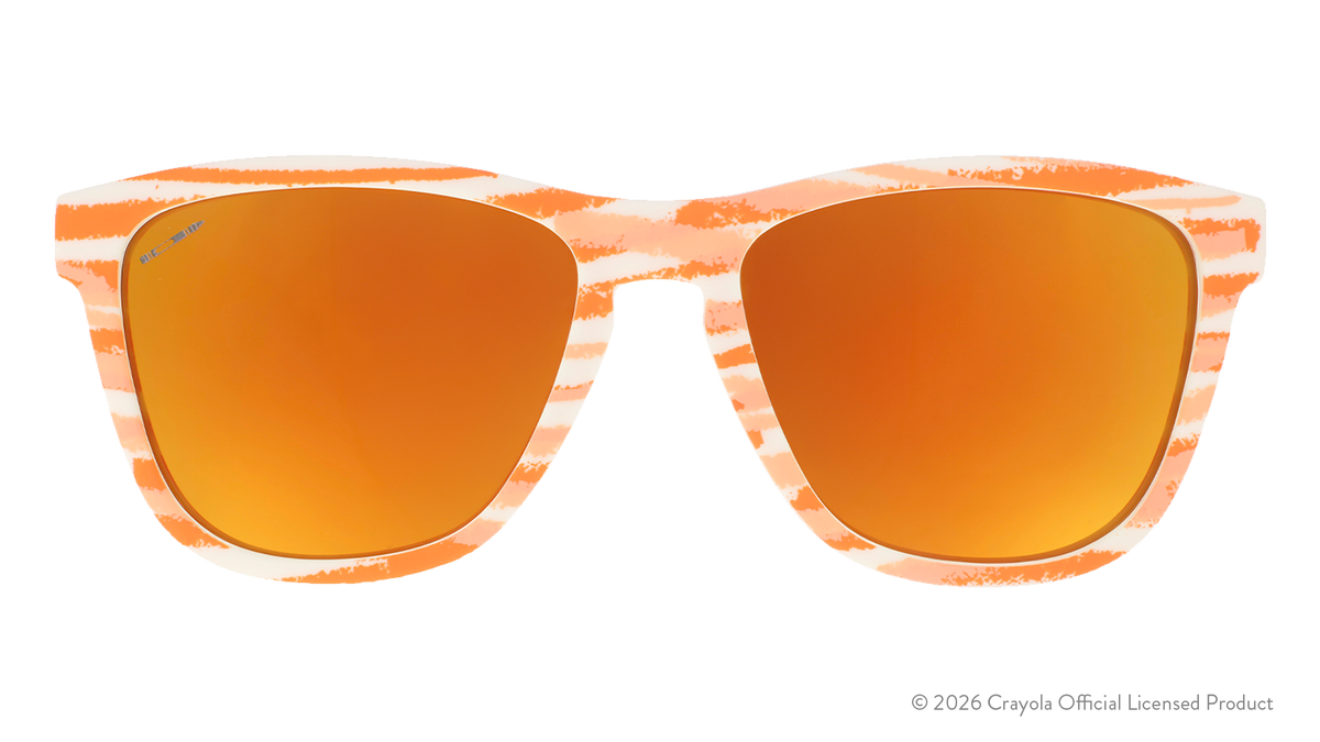 Front view of Crayola goodr UV-activated Party Fish sunglasses with bone-to-magenta frames and amber reflective lenses.
