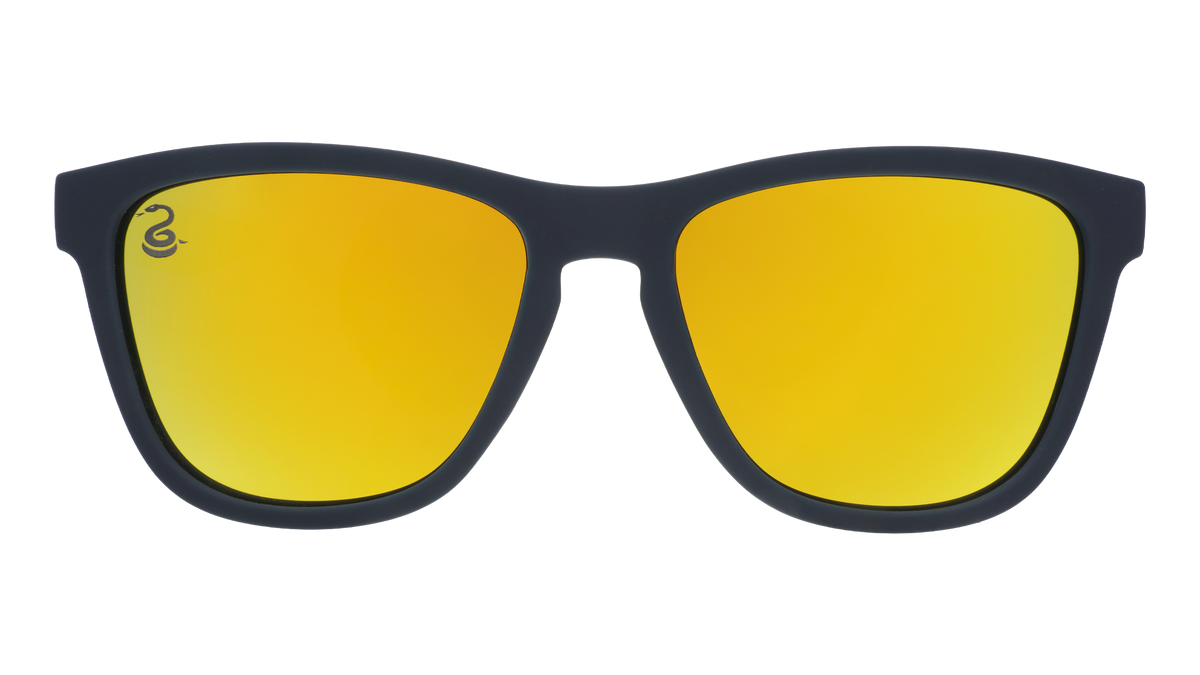 Front view of Major League Soccer Philadelphia Union shades. Navy front frame. Gold reflective lenses.