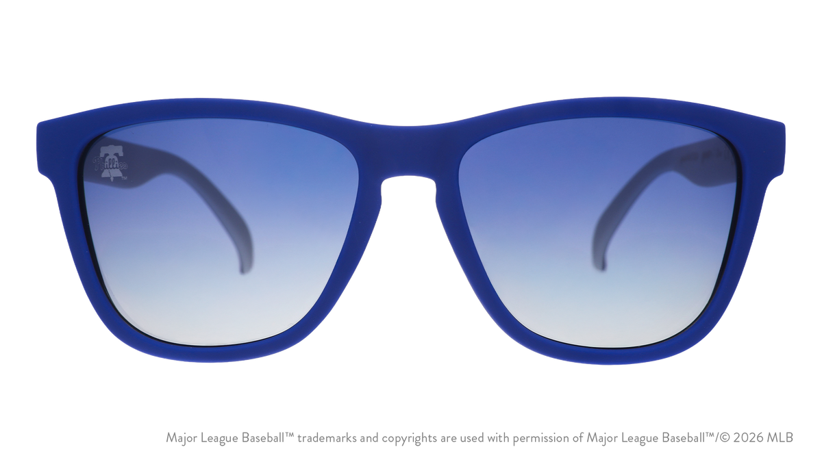 Front view of Phillies shades with blue faceplate. Blue gradient lenses have the Liberty Bell logo etched on the left lens.