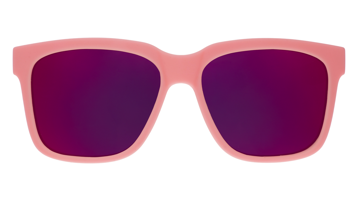 Front view of pink sunglasses with pink-purple lenses designed to float in water.