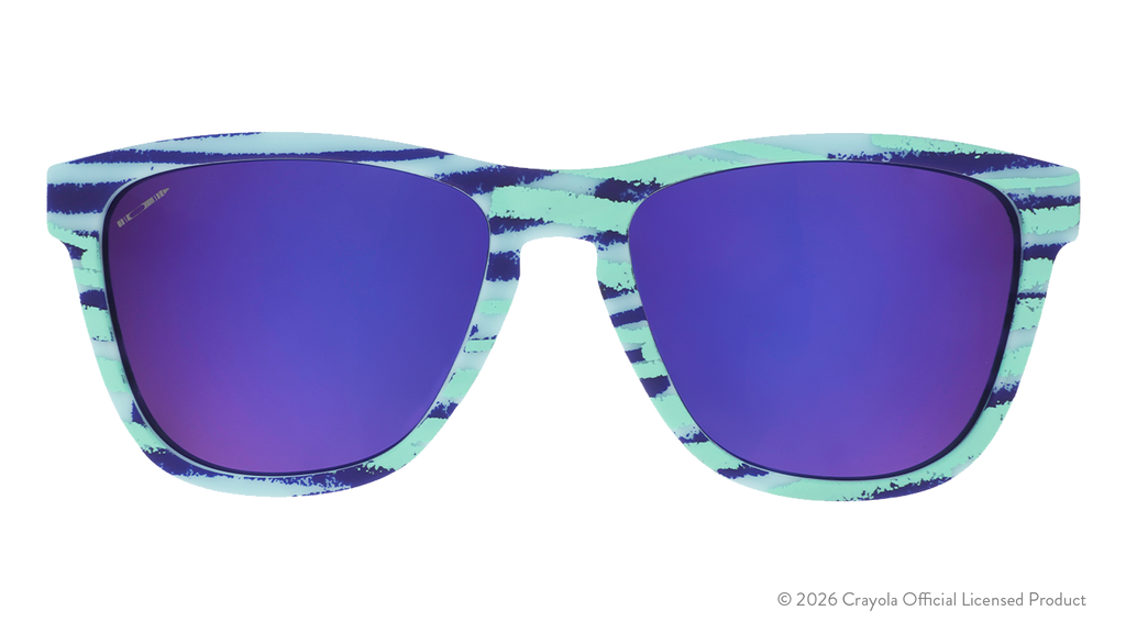 Front view of Crayola goodr UV-activated sunglasses with green and purple frames and purple reflective lenses.