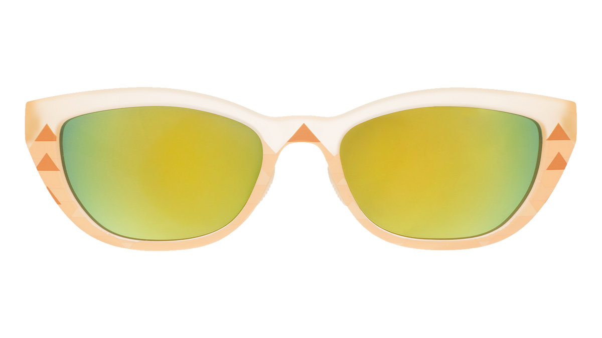 Front view of light brown sunglasses with green mirrored lenses and geometric details.
